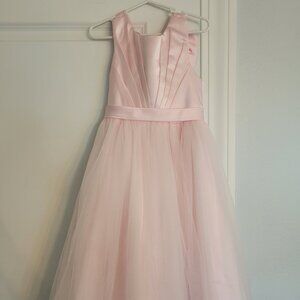 Pink A-line Scoop Tea-Length Satin Tulle Flower Girl Dress With Bow Pleated